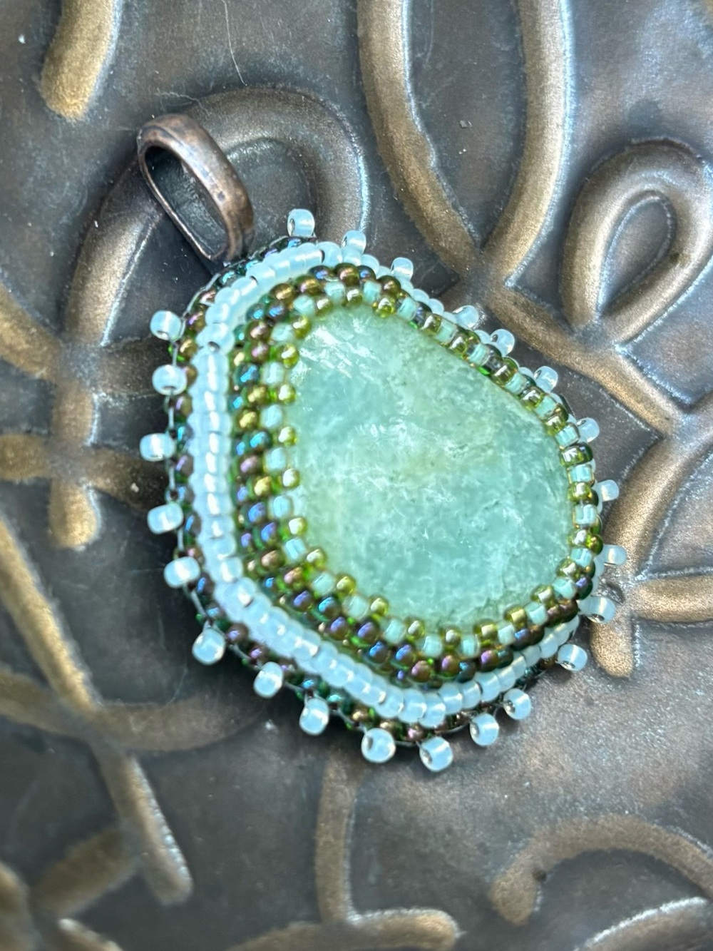 Handmade Aquamarine Asymmetric Bead Embroidered Pendant